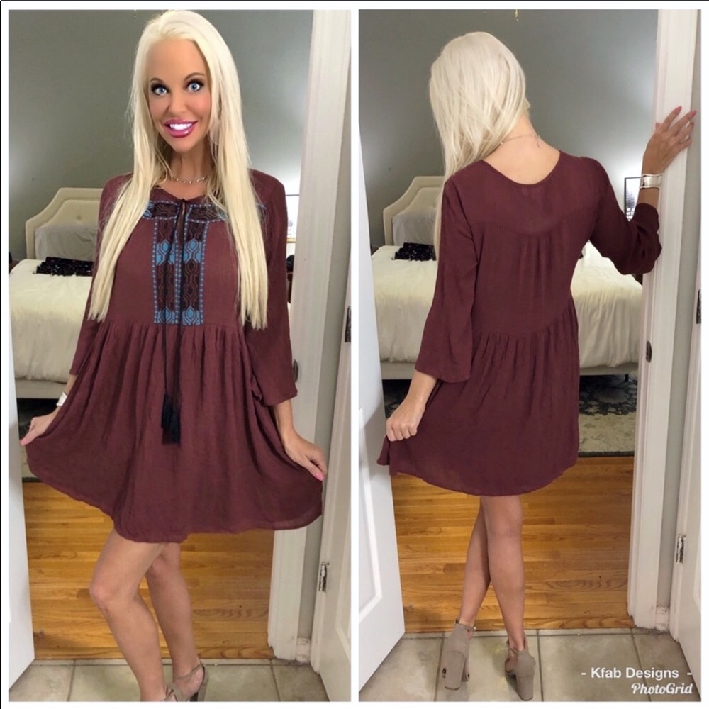 ❤️LAST! Boho Wine Embroidery Detail Tunic Dress! - Picture 2 of 4